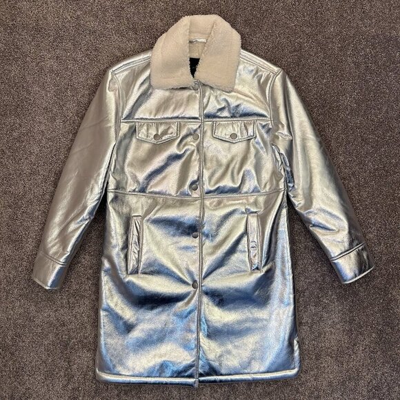 7 For All Mankind Women's Coat Size XS Metallic Silver Jacket Faux Fur NWT - Picture 7 of 16